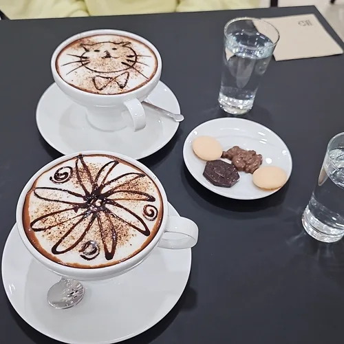 Deux cappuccinos avec latte art (chat et fleur) et mignardises, Salon de Thé & Barista